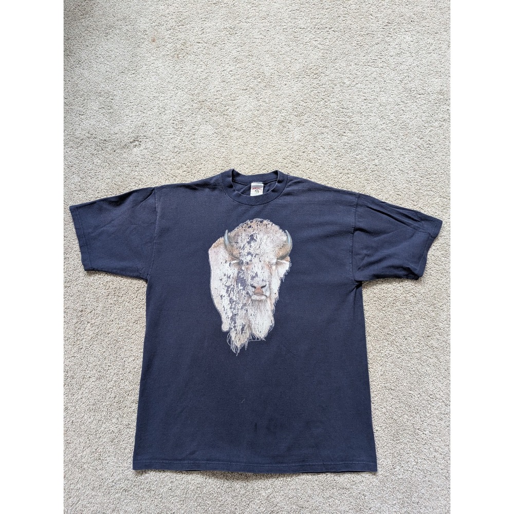 Vintage 90s Jerzees USA Made Bison Graphic Tee Men L Navy Single Stitch Tubular